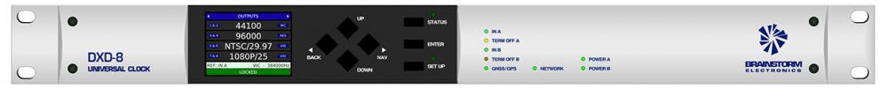 Front panel of a Brainstorm Electronics DXD-8 universal clock showing a screen, navigation buttons, and status indicators.