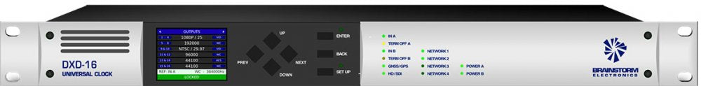Front panel of a Brainstorm Electronics DXD-16 universal clock with display, navigation buttons, and status LEDs.