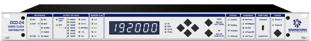 Front panel of a Brainstorm Electronics DCD-24 word clock distributor showing controls, indicators, and a numeric display.