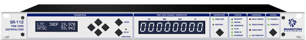 Front panel of Brainstorm Electronics SR-112 time code reader and generator with display and control buttons.