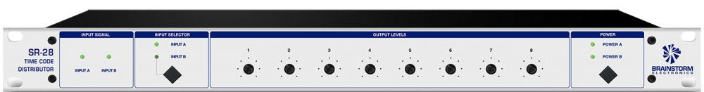 White audio equipment rack unit labeled SR-28 with input selector, output level knobs, and power indicators.