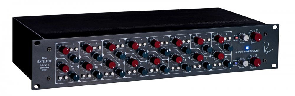 Black rackmount audio summing mixer with multiple red and blue rotary knobs and push buttons.