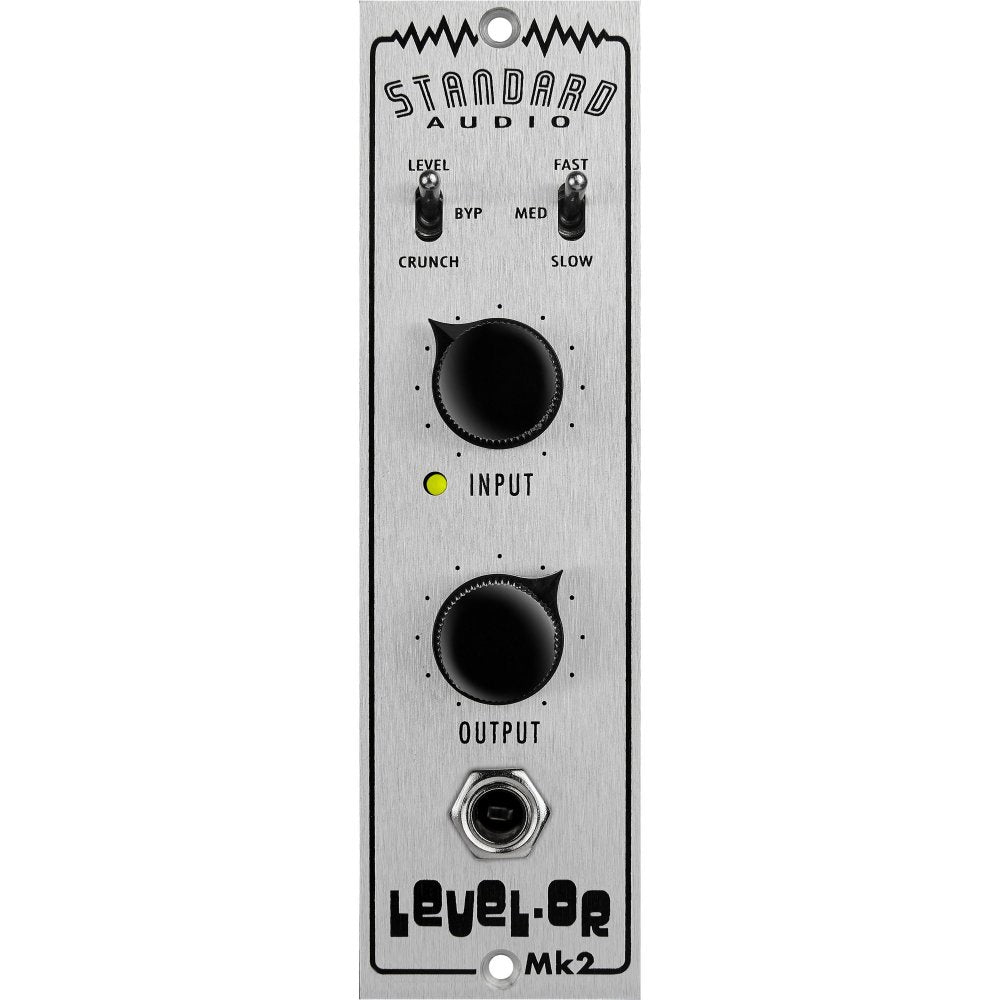 Front panel of a Standard Audio Level-Or Mk2 module with two switches, two knobs, and a quarter-inch jack.