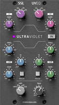 Front panel of a stereo equalizer with multiple colored rotary knobs and push buttons on a metal faceplate.