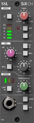 Front panel of an SSL SiX CH audio channel strip with knobs, buttons, and a 1/4 inch input jack.
