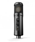 Black cylindrical studio microphone with metal mesh top, volume and HP knobs, and a headphone jack port