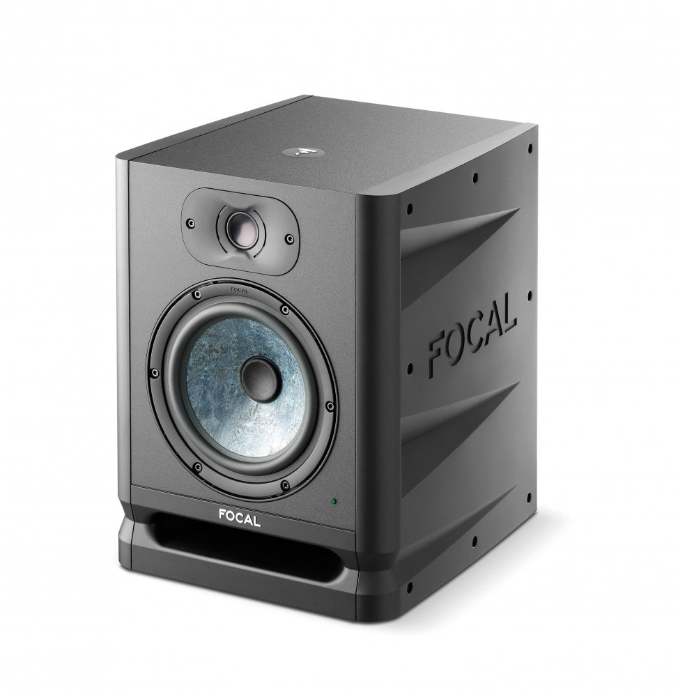 Black studio monitor speaker with a visible woofer and tweeter on the front panel and FOCAL branding.