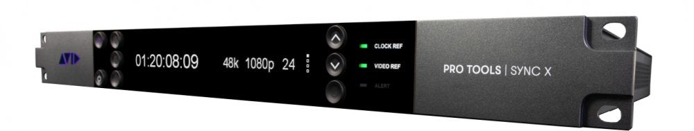 Black rack-mountable audio/video device labeled Pro Tools Sync X with a digital display and control buttons on front.