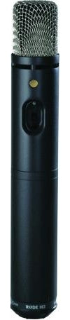Black cylindrical microphone with silver mesh grille and a switch on the body.