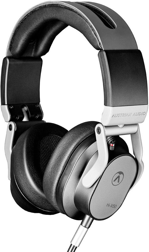 Black and silver AUSTRIAN AUDIO Hi-X50 over-ear wired headphones with padded ear cups and headband.