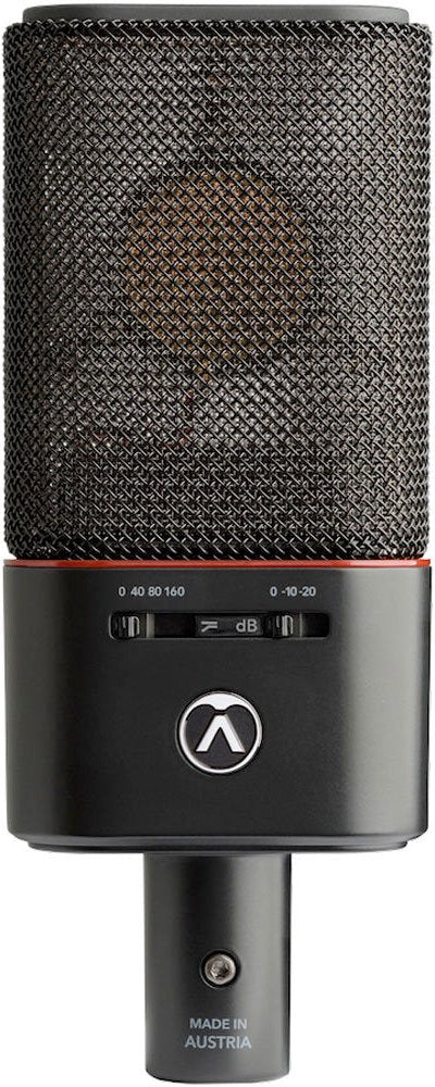 Black and grey studio microphone with mesh grille, two slider controls, and XLR-style connector base
