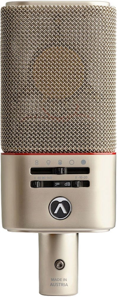 Silver condenser microphone with metal grille, control sliders, and XLR connector at base.