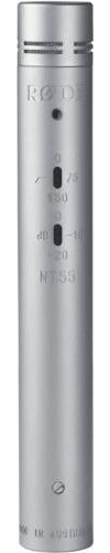 Silver cylindrical microphone with RODE branding and two slider switches on the body.
