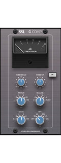 Front panel of a stereo bus compressor with multiple control knobs and a compression meter labeled SSL G-COMP.