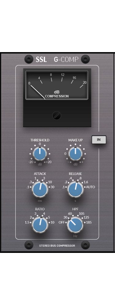 Front panel of a stereo bus compressor with multiple control knobs and a compression meter labeled SSL G-COMP.