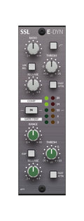 Front panel of a SOLID STATE LOGIC dynamics module with knobs, buttons, and LED indicators for compression and gating.