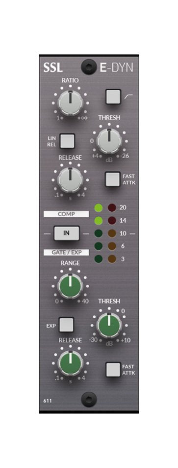 Front panel of a SOLID STATE LOGIC dynamics module with knobs, buttons, and LED indicators for compression and gating.