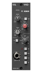 Black Solid State Logic VHD+ mic preamp panel with rotary knobs, push buttons, and a 1/4 inch line input jack.