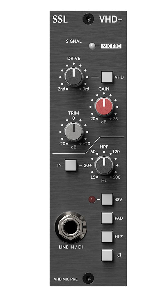 Black Solid State Logic VHD+ mic preamp panel with rotary knobs, push buttons, and a 1/4 inch line input jack.