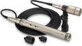 Silver microphone with attached cable, mounting clip, and two detachable threaded caps on white background.