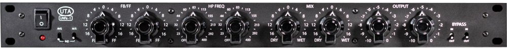 Black rackmount audio processor panel with rotary knobs, push buttons, toggle switch, and input/output jacks