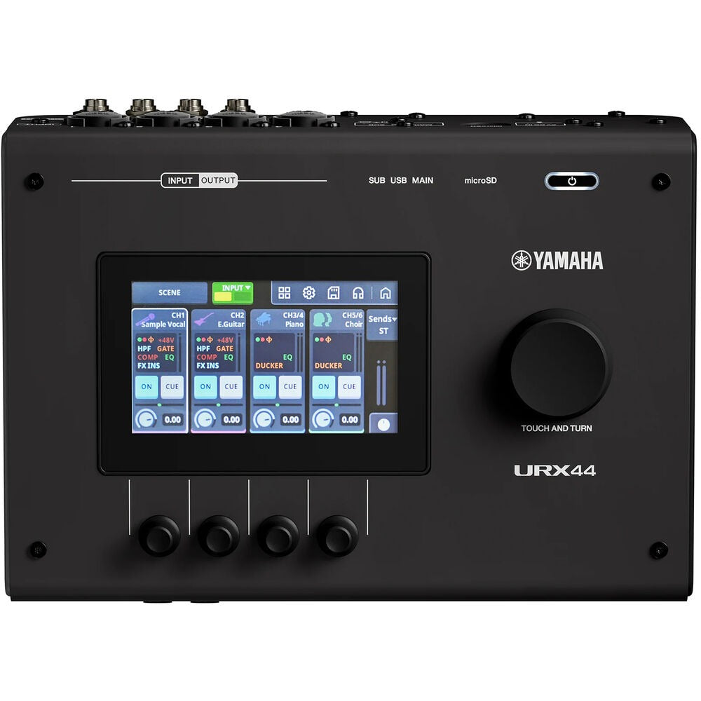 Front view of a black audio interface with touchscreen, multiple control knobs, and Yamaha branding.