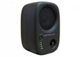 Black studio monitor speaker with round grille, rotary knob, push button, and green indicator lights.
