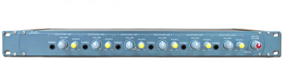 Blue rackmount audio unit with six volume knobs, six source buttons, six headphone jacks, and one master volume knob.