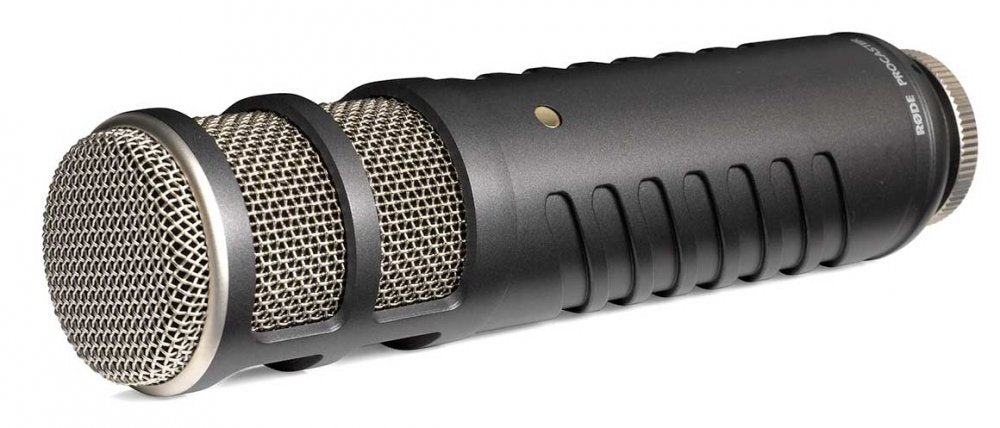 Black and silver microphone with grille and RODE Procaster branding shown on side.