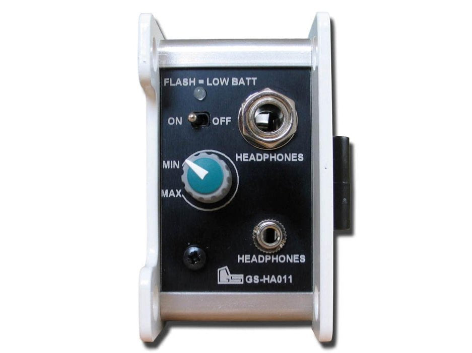 Front panel of a headphone amplifier with two headphone jacks, a toggle switch, and a volume knob.