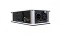 Metal and plastic device with XLR input connectors, DC power input, and 9V battery compartment.
