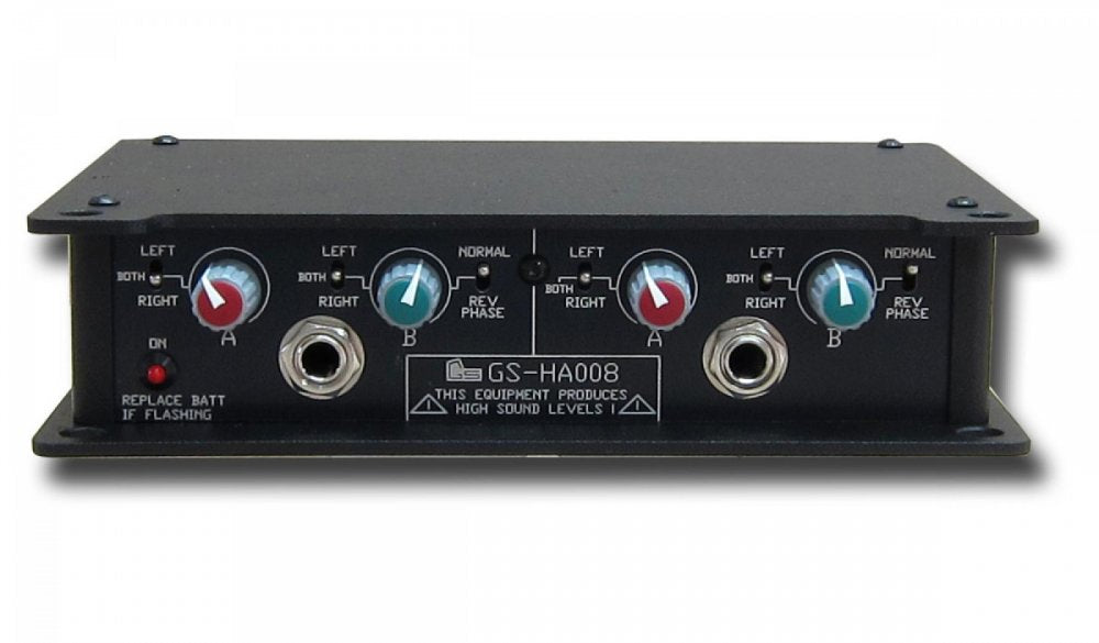 Black twin headphone amplifier panel with controls and two 1/4 inch headphone jacks
