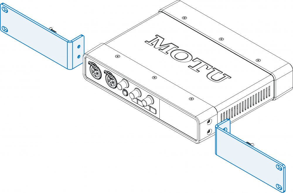 Line drawing of a MOTU device with two separate half-rack mounting brackets shown for attaching to the device sides.