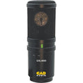 Black cylindrical microphone with mesh grille, control buttons, and CAD Audio branding in yellow.