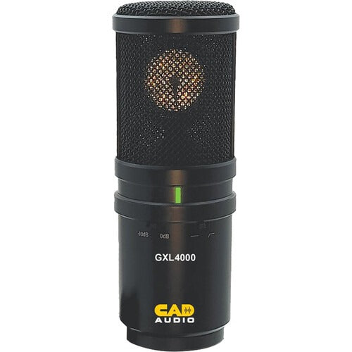 Black cylindrical microphone with mesh grille, control buttons, and CAD Audio branding in yellow.