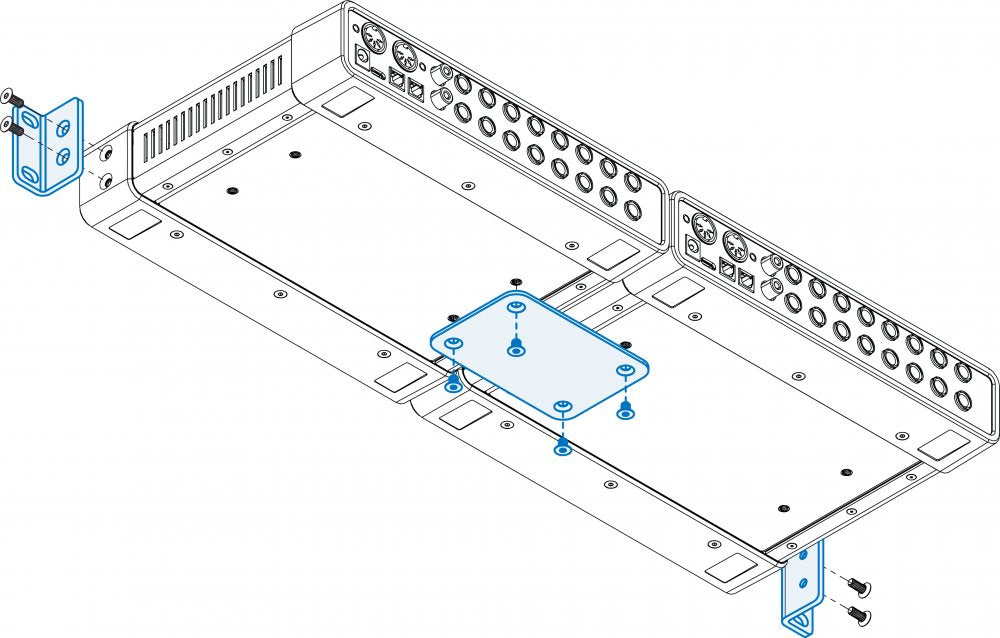 Diagram showing a half-rack coupler kit with brackets and screws for connecting two rack units.