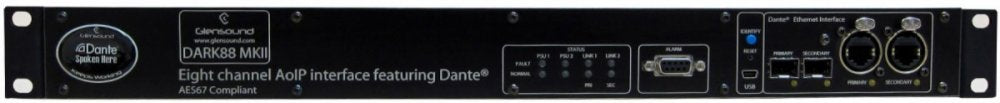 Front panel of a black rackmount audio interface with Ethernet, USB, and XLR connectors and multiple status indicators.