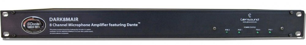 Front panel of a black Glensound DARK8MAIR 8 channel microphone amplifier with status LEDs and text labels.