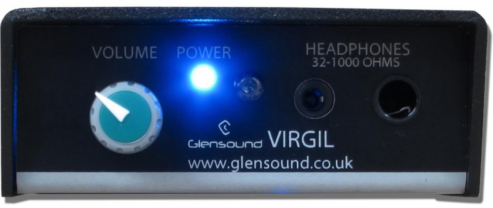 Front panel of a Glensound Virgil headphone amplifier with volume knob, power indicator, and headphone jacks.