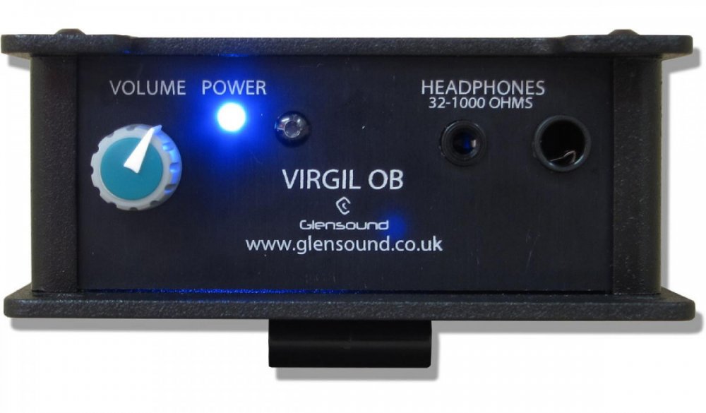 Front panel of a black Glensound Virgil OB headphone amplifier with volume knob, power indicator, and headphone jack.