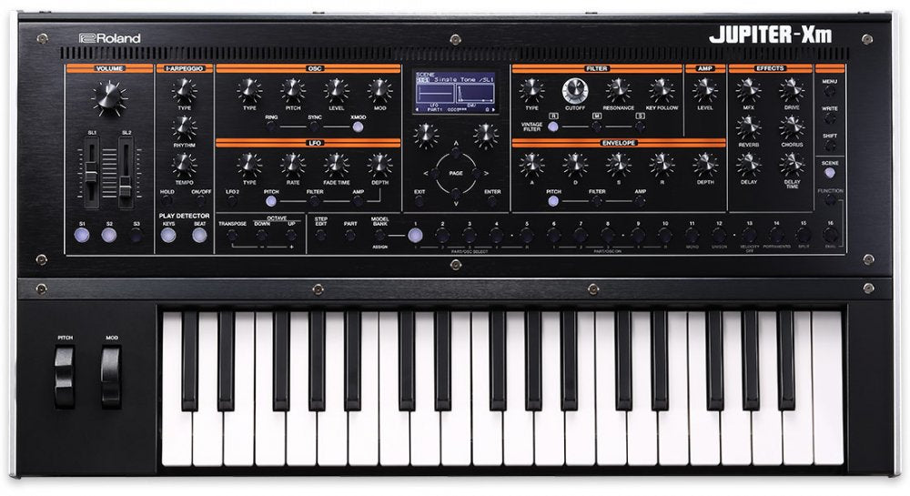Top view of a Roland synthesizer keyboard with various knobs, buttons, faders, two wheel controllers, and a small display screen.