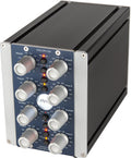 Gray and black electronic audio device with six rotary knobs and multiple indicator lights on the front panel.