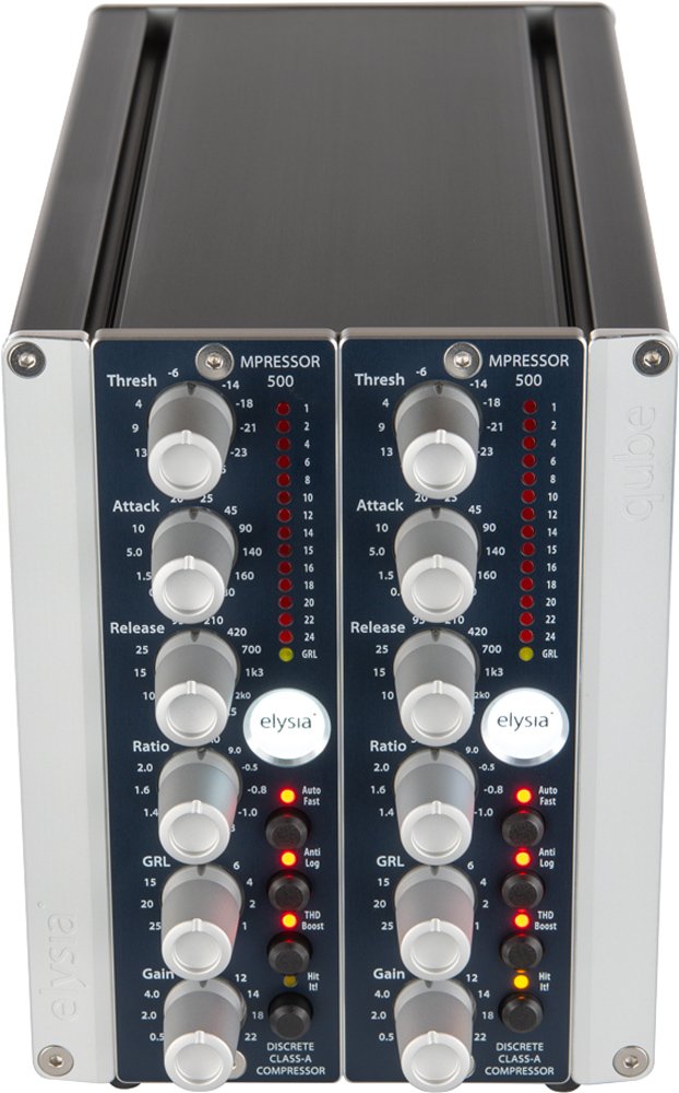 Front view of dual-channel audio compressor module with knobs, LEDs, and buttons in 500 series format.