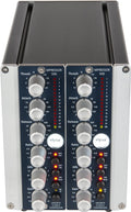 Front view of dual-channel audio compressor module with knobs, LEDs, and buttons in 500 series format.