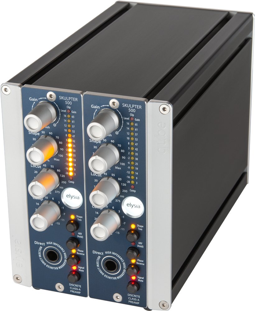 Black and silver dual audio preamp unit with rotary knobs, toggle switches, and 1/4 inch input jacks.