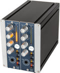 Black and silver dual audio preamp unit with rotary knobs, toggle switches, and 1/4 inch input jacks.