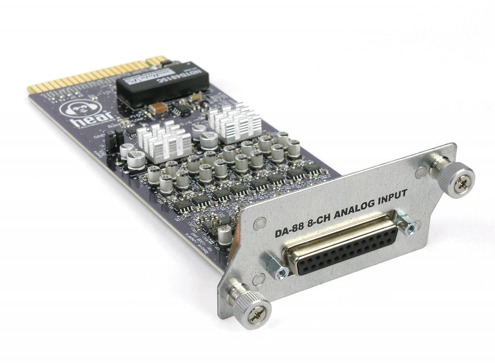 Circuit board with D-sub analog input connector and thumb screws on metal bracket.
