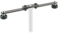 Black metal bar with screws and knobs mounted on a white stand.