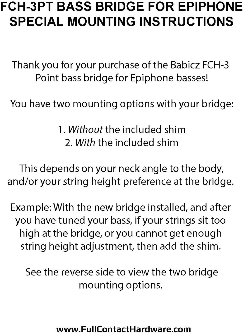 Babicz FCH 3-Point, Four String Bass Bridge For Epiphone Basses