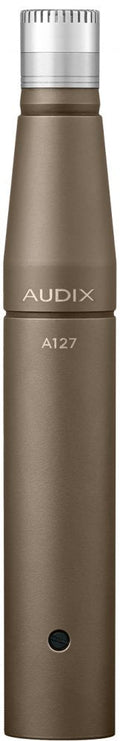 Bronze cylindrical microphone with silver grille and AUDIX A127 text on its body.
